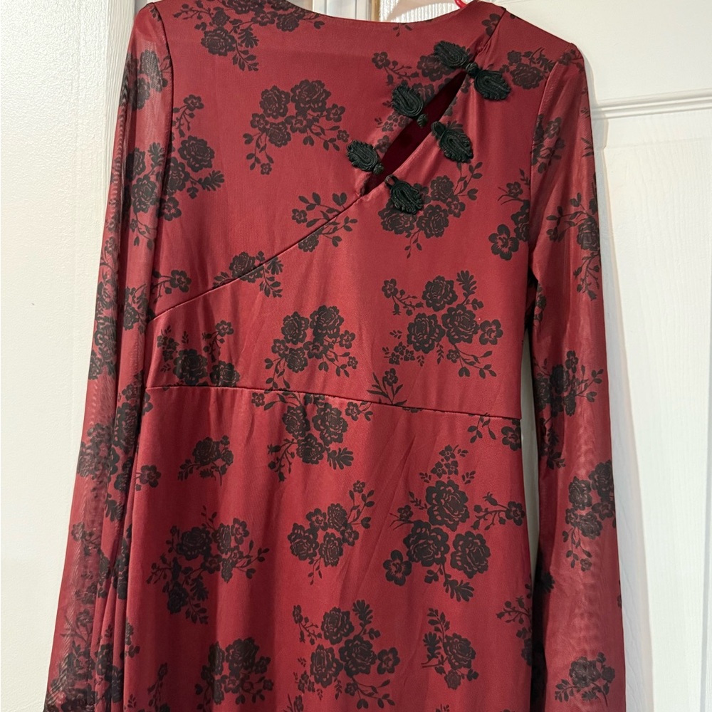 Chic Long Sleeve Red Floral Dress
